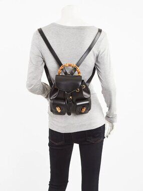 Gucci Black Smooth Leather Bamboo Handle Small Backpack Bag